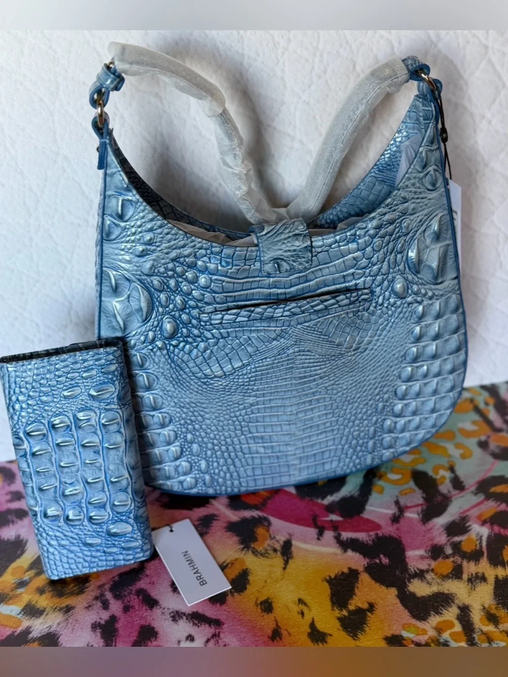 SET Brahmin Fallon Aura Blue Shoulder Bag leather Sky Blue & Wallet NWT